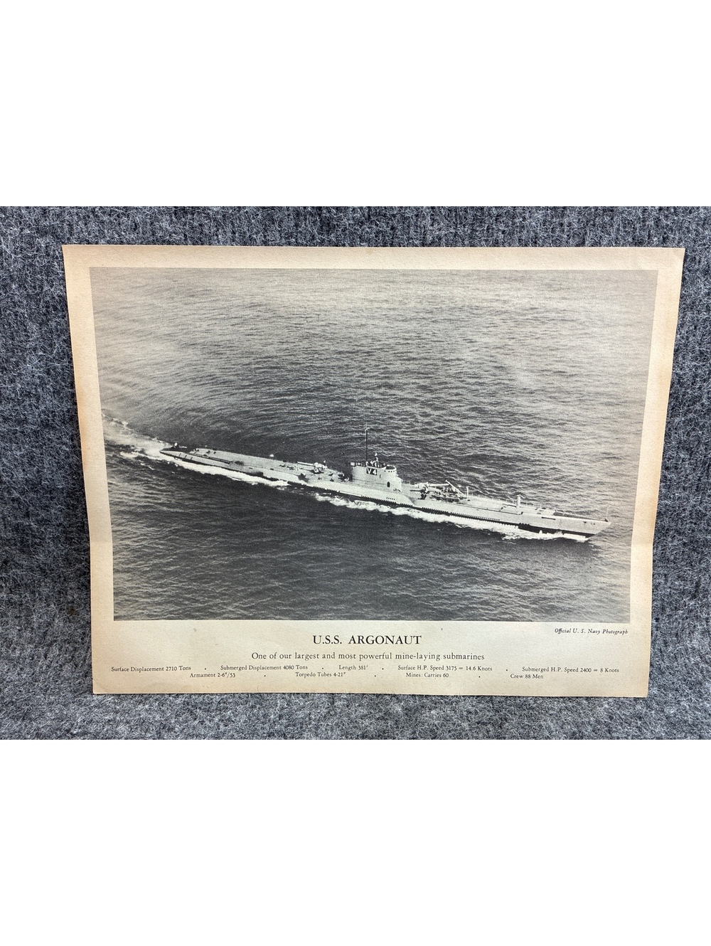 Vintage U.S.S. Argonaut Submarine Photo Print